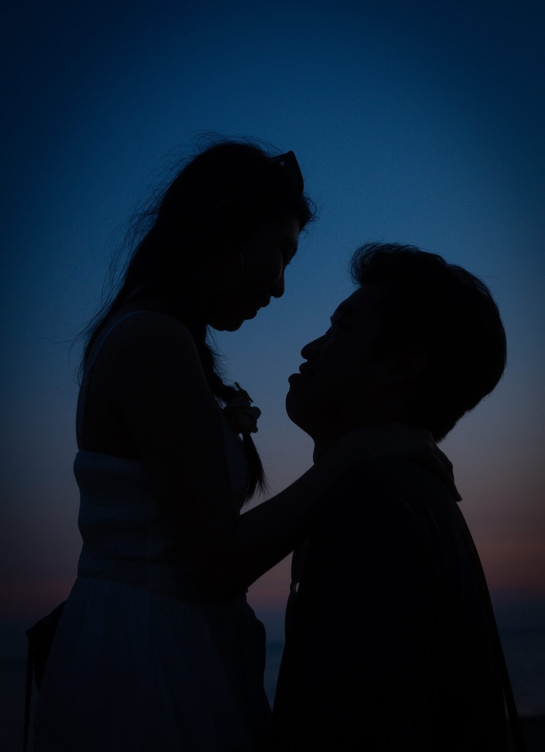 The same couple as dark silhouettes against a blue and pink dusk sky.